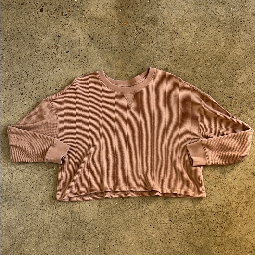 Abercrombie Waffle knit Cozy sweater in light brown.